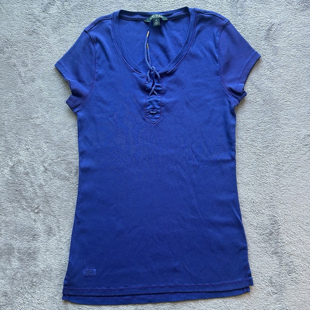 Lauren Ralph Lauren Women's Blue Ribbed Lace-Up Cap Sleeve Top M Y2K Preppy